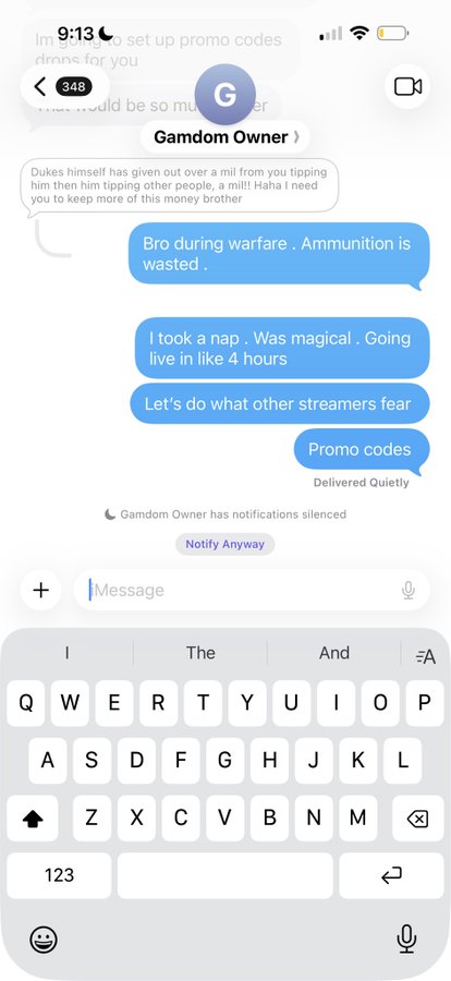 A screenshot of a text message conversation with Gamdom Owner, where the sender jokes about needing to "keep more money brother" after receiving over a million in tips. The user replies about ammunition being wasted during warfare and mentions plans to go live in about 4 hours.