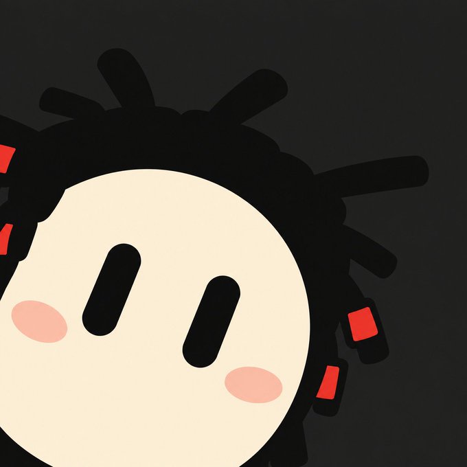 A close-up of a cute cartoon character with a round pale face, rosy cheeks, closed black oval eyes, black spiky hair, and red accessories, set against a dark gray background.