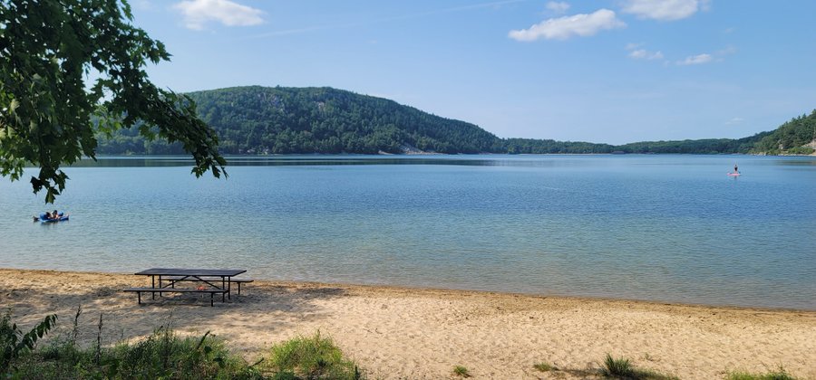 A serene lake scene features a sandy beach with a picnic table in the foreground, where patches of small grass poke through the sand—matching the post about "smol grass touching today"—while distant mountains and people kayaking on the calm water complete the peaceful summer view.