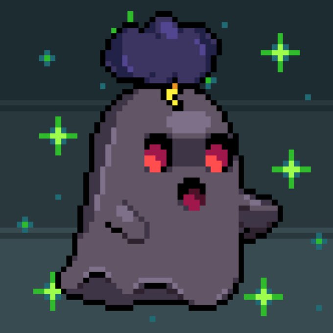 A pixel-art depiction of a chubby purple creature with glowing red eyes and a small purple cloud on its head, surrounded by green sparkles on a teal background.