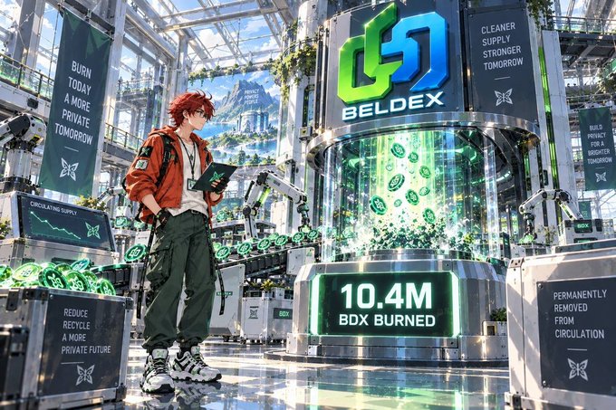 An anime-style illustration of a red-haired character in a futuristic industrial facility, standing near a glowing Beldex (BDX) logo and a counter showing '10.4M BDX BURNED'.