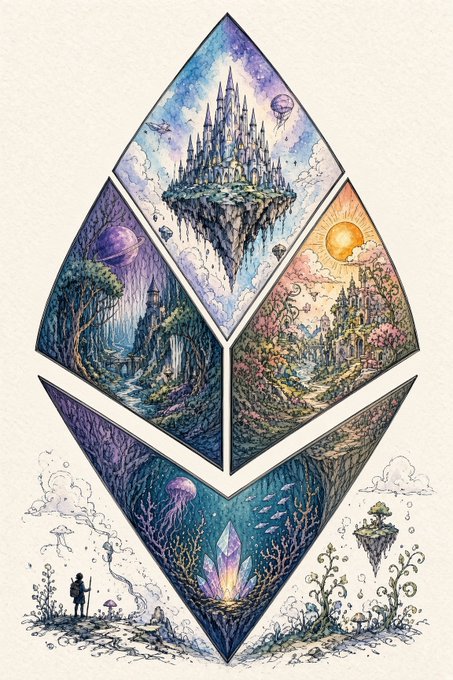 A watercolor-style illustration of the Ethereum logo, with each diamond section depicting a fantasy landscape including a castle, forest, jellyfish, and figures.
