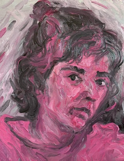 An expressive oil painting portrait of a person rendered in vibrant pink and gray tones with loose, swirling brushstrokes.