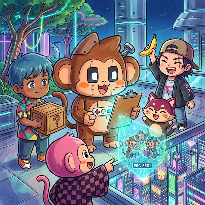 A colorful cartoon illustration depicts a group of children and monkey characters in a futuristic neon-lit city setting, featuring a robot monkey with a clipboard, a holographic 'ERC-6551' display showing monkey avatars, and children holding a banana and a mystery box.