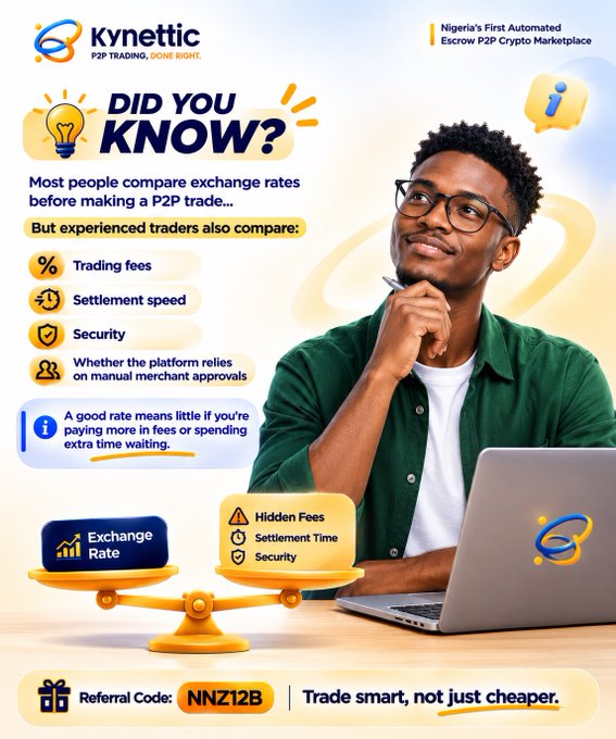 An advertisement for 'Kynettic' titled 'DID YOU KNOW?' explaining P2P trading considerations like exchange rates, trading fees, settlement speed, and security, featuring a man at a laptop with referral code 'NNZ12B'.