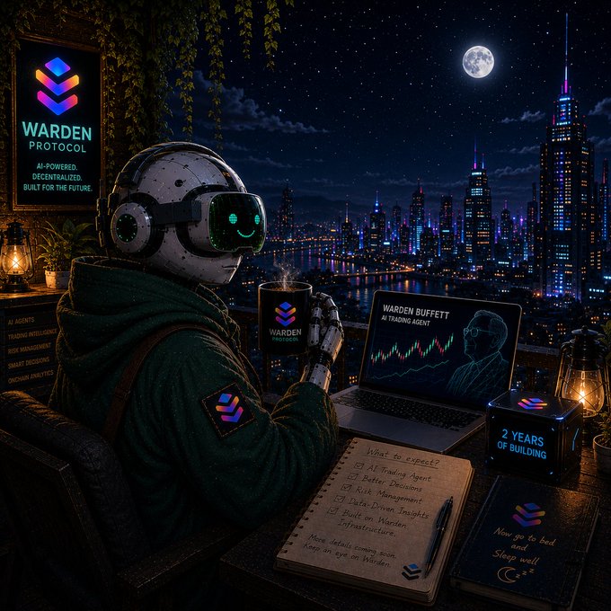 A cyberpunk scene titled "WARDEN PROTOCOL - AI-POWERED, DECENTRALIZED, BUILT FOR THE FUTURE" featuring a robot with glowing green eyes wearing a hoodie, holding a Warden mug, with a laptop showing "WARDEN BUFFETT AI TRADING AGENT" and a checklist of features including AI Trading Agents and Risk Management.