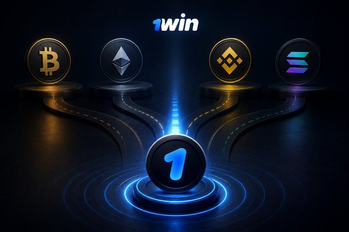 A "1win" logo emerges from a glowing podium, with illuminated pathways leading to four cryptocurrency icons (Bitcoin, Ethereum, Binance Coin, and Solana), visually symbolizing the blockchain choice for the $1WIN platform that the post emphasizes as critical for user experience and ecosystem scalability.