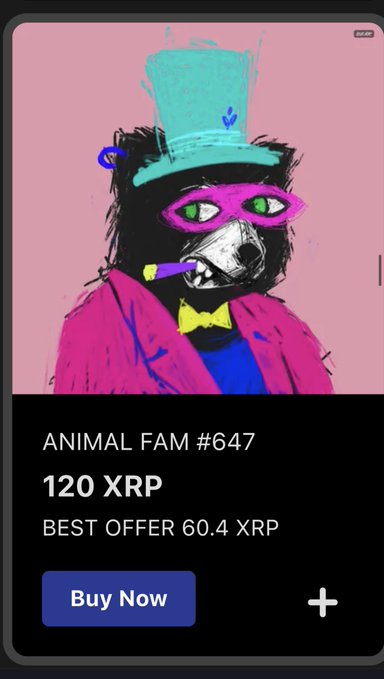 Digital collectible/NFT listing titled 'ANIMAL FAM #647' priced at 120 XRP (best offer 60.4 XRP) featuring a colorful illustration of a bear wearing a top hat, mask, and suit, with a Buy Now button.