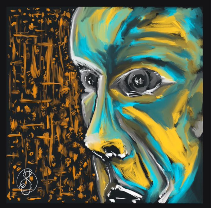 A vibrant, textured digital painting of a face rendered in bold strokes of yellow, blue, white, and grey against a black background with orange textured details.