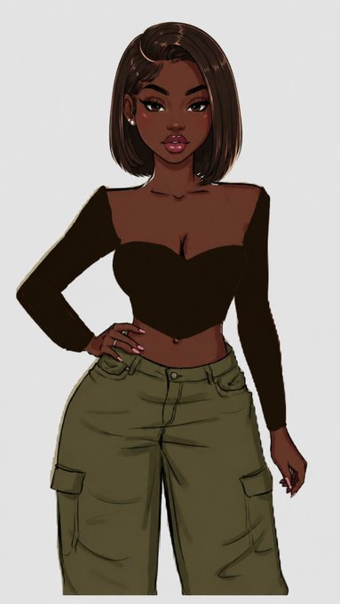 A stylized cartoon illustration of a young woman with dark skin, a sleek brown bob haircut, a black off-the-shoulder crop top, and olive green cargo pants.
