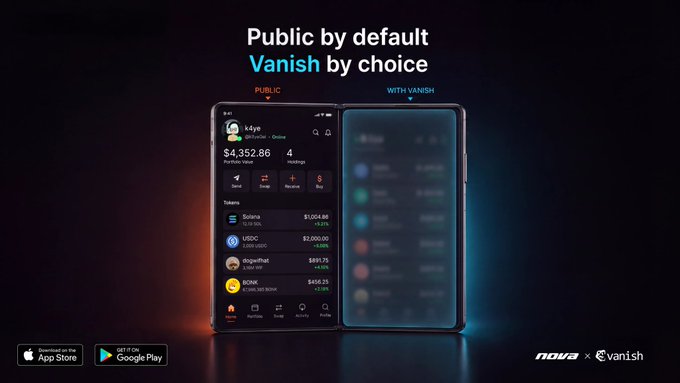 Advertisement for the 'nova x vanish' app featuring two smartphones demonstrating 'Public by default, Vanish by choice' functionality, available on App Store and Google Play.