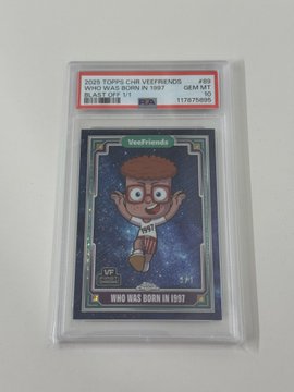 A PSA-graded 2020 Topps Chrome 'We are Friends' trading card featuring a cartoon character with '#40' and 'WHO WAS BORN IN 199?' on it, graded GEM MT 10.