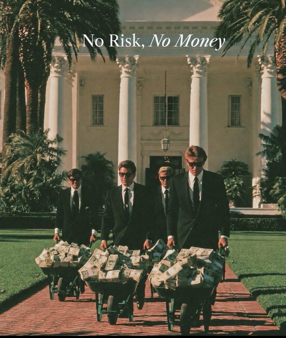 Four men in black suits and sunglasses push wheelbarrows overflowing with stacks of cash in front of a white mansion with palm trees, captioned 'No Risk, No Money.'