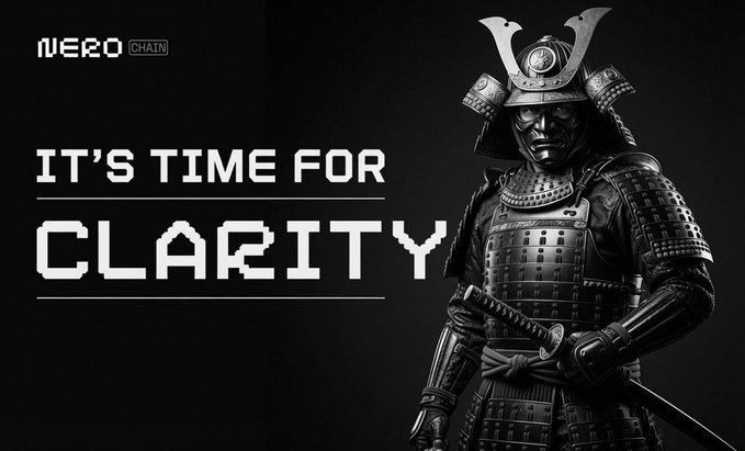 A dark promotional graphic for NERO CHAIN featuring a samurai in armor next to the text 'IT'S TIME FOR CLARITY'.