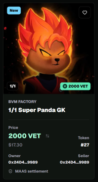 A mobile app screen displaying an NFT of a panda character with fiery orange hair in a 'BVM Factory' collection titled '1/1 Super Panda GK', priced at 2000 VET ($17.30).