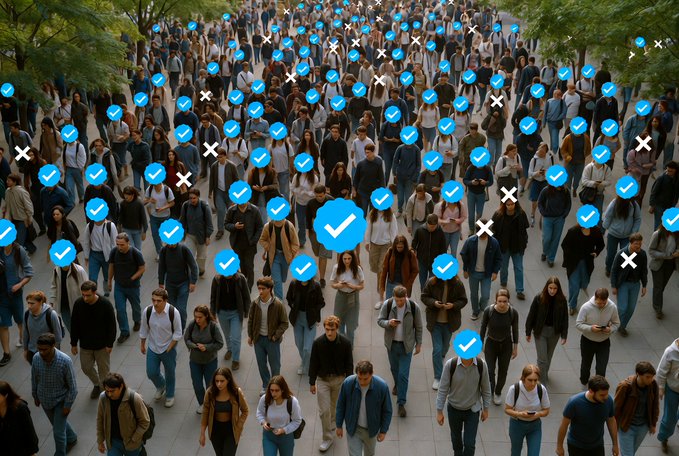 An overhead view of a crowded pedestrian area shows many people walking, with blue checkmark icons and white X marks floating above them, indicating verification or selection.