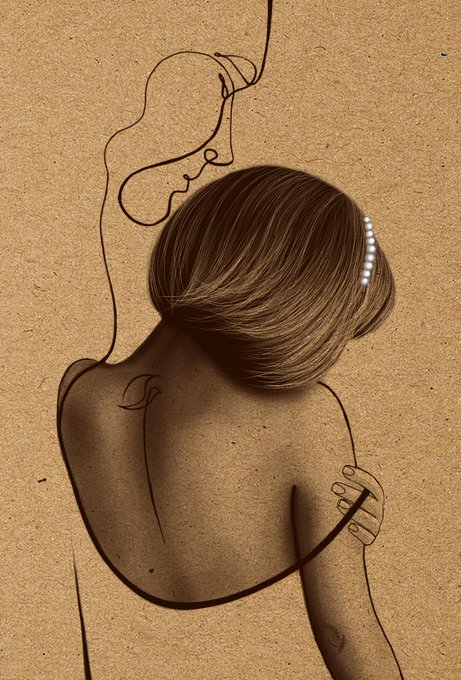 An artistic minimalist drawing depicting the back of a woman with brown hair pulled into a bun with pearls, her silhouette overlaid with a fine line drawing of her face in profile on tan/kraft paper.