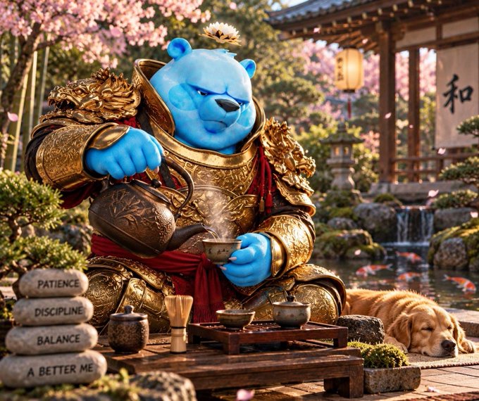 A digital artwork featuring a blue bear in ornate golden samurai-style armor pouring tea in a serene Japanese garden setting with cherry blossoms, accompanied by a golden retriever and stacked stones inscribed with 'PATIENCE, DISCIPLINE, BALANCE, A BETTER ME.'