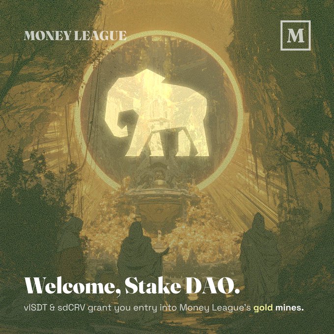 A promotional poster for "Money League" featuring an elephant logo within a golden ring, with text reading "Welcome, Stake DAO. vlSDT & sdCRV grant you entry into Money League's gold mines."