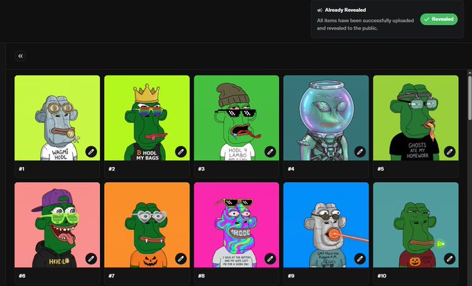 A digital interface displays a grid of cartoon hippo and monkey characters with labels like 'HOOLI HOOLI', 'HOOL MY BAGS', and 'HOOLI LAMBO', with a green 'Revealed' notification banner at the top.