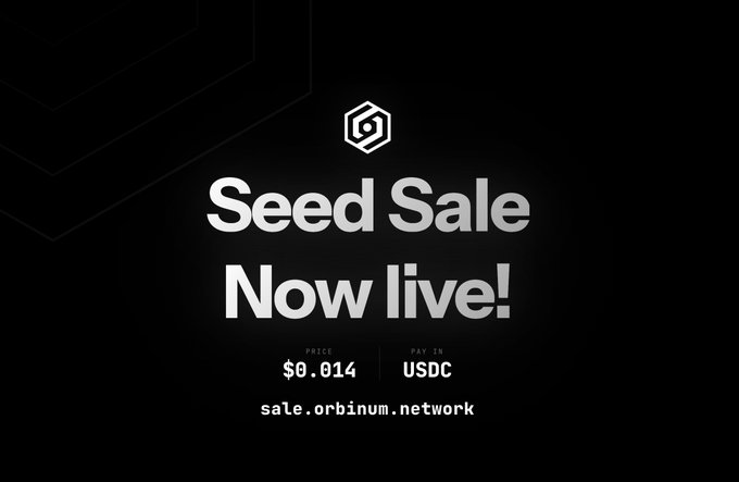 Promotional graphic announcing "Seed Sale Now live!" for Orbinum (ORB) at a price of $0.014, payable in USDC, directing users to sale.orbinum.network.