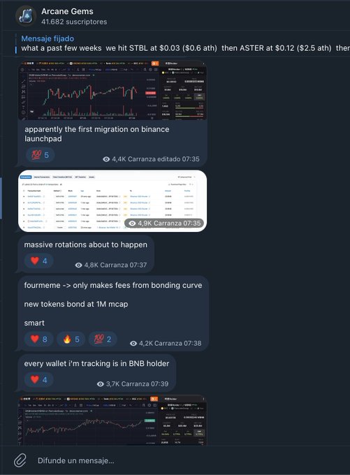 A Telegram channel called "Arcane Gems" (41,682 subscribers) shares bullish crypto trading messages from user Carranza, referencing token migrations on Binance Launchpad, bonding curve mechanics for "fourmeme," and wallet tracking for BNB holders, with charts showing tokens like $STBL hitting $0.03 ($0.6 ATH) and $ASTER at $0.12 ($2.5 ATH). The accompanying caption "let's dream again" pairs with the post's speculative, hype-driven tone about anticipated "massive rotations" and new token launches, capturing a mood of renewed optimism in altcoin trading.