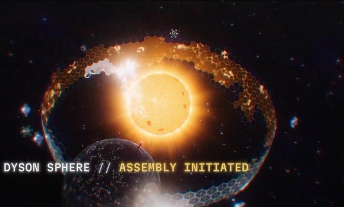 A space-themed graphic shows a glowing Dyson-like sphere surrounding a yellow star, with the text “DYSON SPHERE // ASSEMBLY INITIATED.”