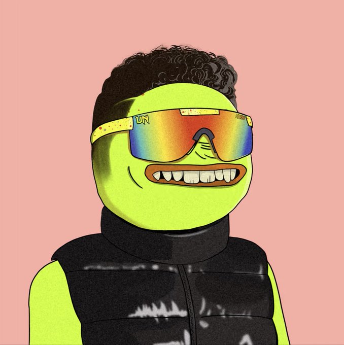 An illustrated character with neon green skin, curly black hair, and rainbow-reflective ski goggles, wearing a black vest over a pink background.