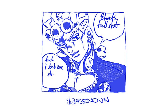 A blue sketch-style comic panel featuring a character with spiky hair and goggles, with speech bubbles reading 'that's bullshit' and 'but I believe it,' signed '$BASENOUN' at the bottom.