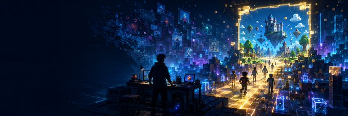 A dark, atmospheric digital illustration shows a silhouetted figure at a desk viewing a glowing portal into a vibrant fantasy world with castles, crowds, and a golden-lit doorway.