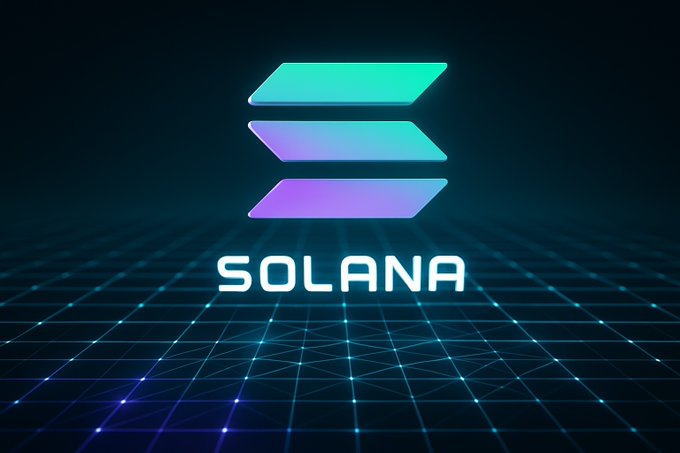 The image displays the Solana logo with the text "SOLANA" set against a glowing digital grid background, representing the blockchain platform's tech-forward identity. This visual ties directly to the announcement of Solana's new onchain governance system, where validators holding at least 100,000 SOL can submit proposals and delegators retain voting control.