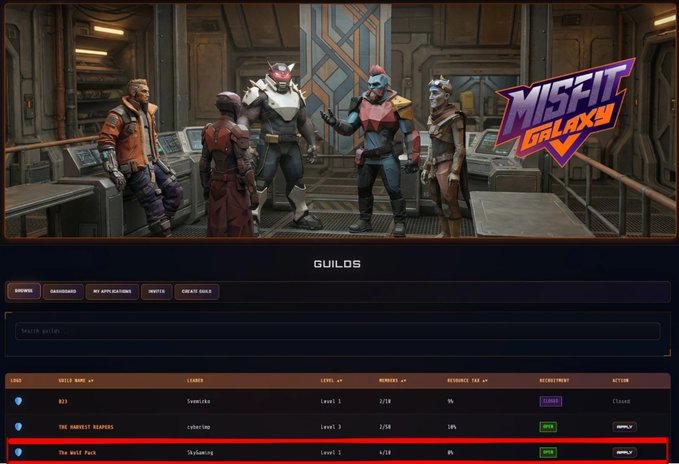 A screenshot from 'Misfit Galaxys' showing a GUILDS interface with member listings, skills, levels, and recruitment status.