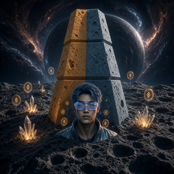 A stylized image of a young person wearing glowing futuristic eyewear emerging from a lunar surface, with a stone obelisk, glowing crystals, and a cosmic galaxy background.