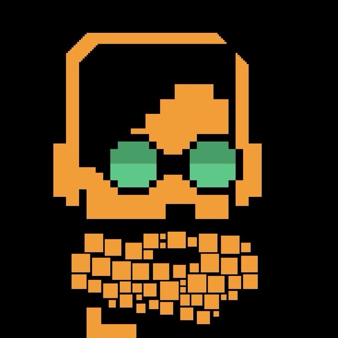 A pixel art illustration of a head with orange hair and green glasses wearing headphones, above a torso composed of scattered orange squares on a black background.