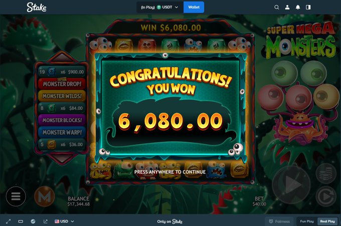 A screenshot of the Stake casino website displaying a "Super Mega Monsters" slot game win notification, celebrating a jackpot of $6,080.00 with a balance of $17,344.68. The image aligns with the accompanying post promoting a live stream win on Stake, emphasizing the recent big payout being shared with viewers and chat participants.