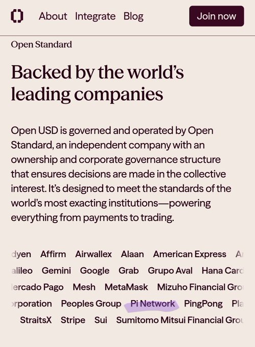 The image shows a webpage section titled "Backed by the world's leading companies," listing Open USD's partners including companies like Adyen, Affirm, Airwallex, American Express, Google, Grab, MetaMask, Stripe, and notably "Pi Network" highlighted among them. The accompanying caption clarifies that while Pi Network appears on Open Standard's partner list, this does not mean OUSD runs on or is integrated with the Pi blockchain, as OUSD operates on Ethereum, Solana, Base, and Tempo networks.