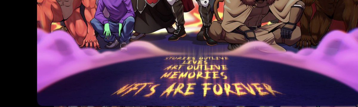 An animated illustration of several characters kneeling, with stylized text reading 'STORIES OUTLINE LIVES', 'ART OUTLINE MEMORIES', and 'LTS ARE FOREVER' in yellow lettering.