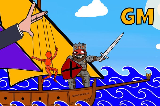 A cartoon depicts a knight named 'PERSERVERANCIA' on a ship with a marionette puppet controlled by a hand from the sky, alongside the text 'GM' in the corner.
