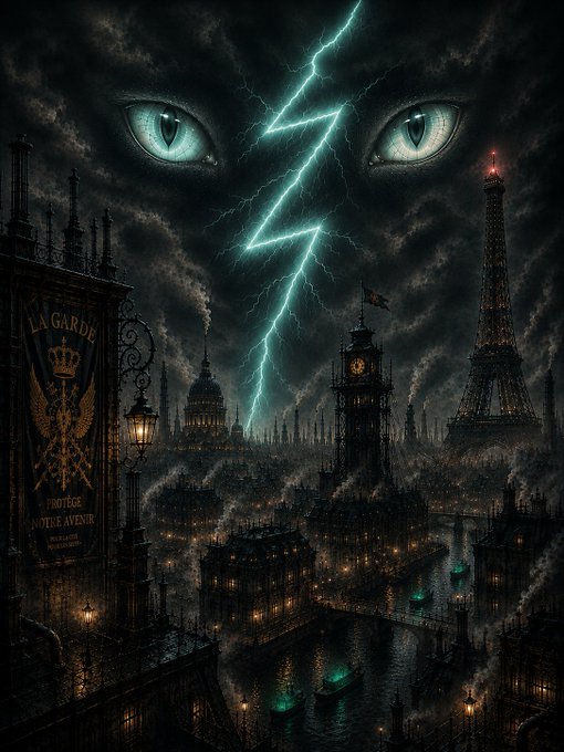 A dark, gothic fantasy illustration of Paris featuring the Eiffel Tower, Big Ben, and a Domed building under a stormy sky with giant glowing eyes and lightning.