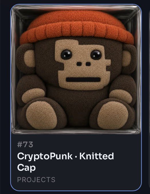 A knitted-style CryptoPunk #73 with a cap is displayed in a digital trading card format, labeled "CryptoPunk · Knitted Cap" under the "PROJECTS" category. The post references this ape-like NFT appearing in a collection while expressing disappointment that NFT mogul Guy Oseary wasn't featured alongside it.