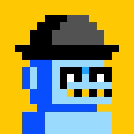 A simple pixel art character with blue skin, black sunglasses, and a black fedora hat on a bright yellow background.