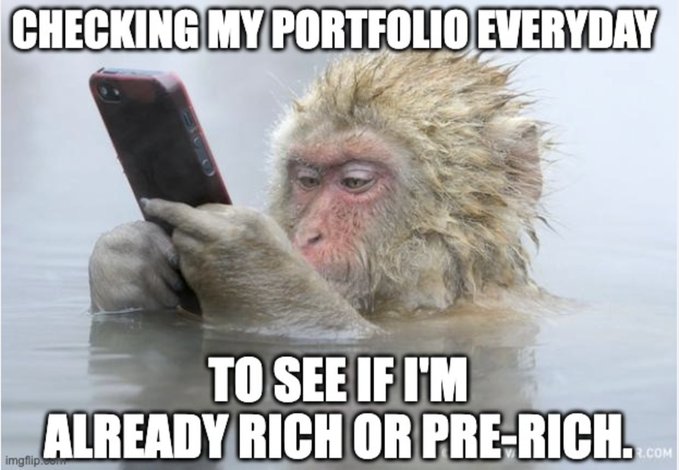 A meme featuring a wet monkey in water holding a smartphone, with text reading 'CHECKING MY PORTFOLIO EVERYDAY TO SEE IF I'M ALREADY RICH OR PRE-RICH.'