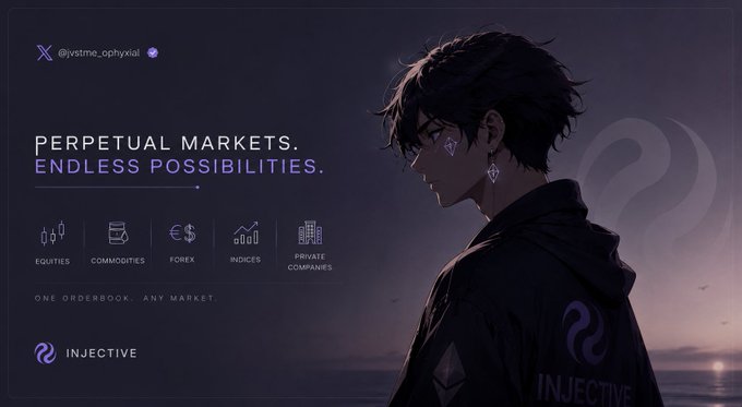A promotional image for Injective featuring an anime-style character, with text 'PERPETUAL MARKETS. ENDLESS POSSIBILITIES.', listing 'EQUITIES, COMMODITIES, FOREX, INDICES, PRIVATE COMPANIES', and the handle '@vstme.ophyxial'.