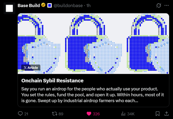 X (Twitter) post by @buildonbase featuring three pixelated padlock illustrations and text about 'Onchain Sybil Resistance' and airdrop farming.