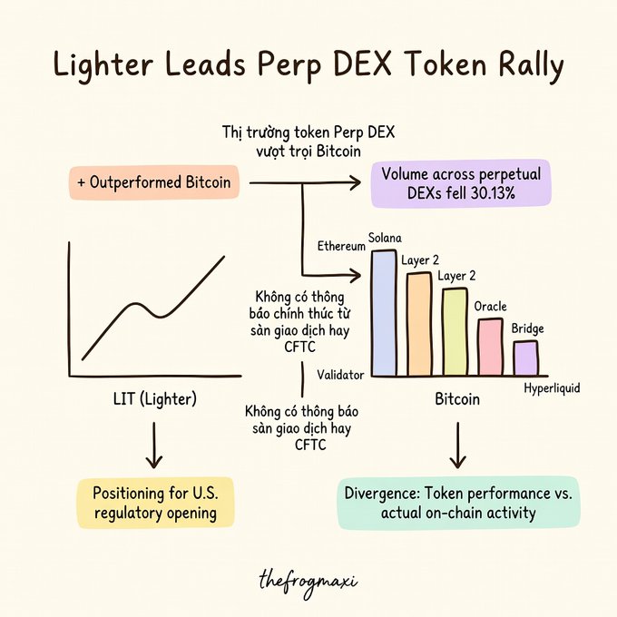 An infographic titled 'Lighter Leads Perp DEX Token Rally' shows LIT outperforming Bitcoin while perpetual DEX volume fell 30.13%, noting a divergence between token performance and actual on-chain activity (Ethereum, Solana, Layer 2, Oracle, Bridge, Hyperliquid).