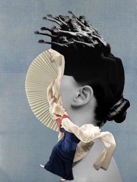 A surreal collage showing a figure with an ornate, spiked black updo hairstyle and a black-and-white striped torso, holding a beige folding fan against a muted blue background.