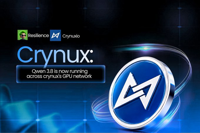 Advertisement for Crynux announcing that 'Qwen 3.8 is now running across crynux's GPU network', featuring the Resilience and Crynux logos.