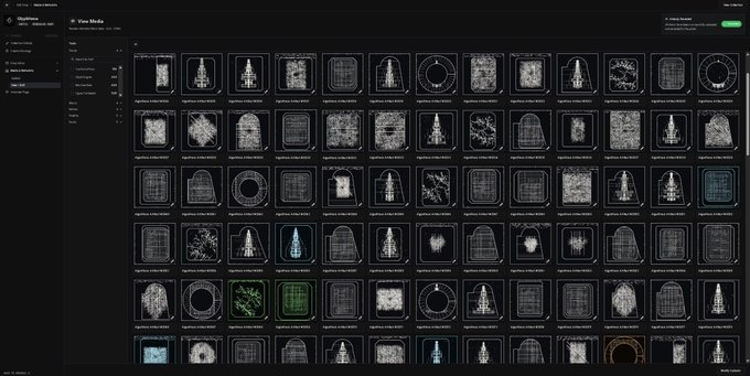 The image shows a large spreadsheet displaying 1,222 distinct 2D Glyph designs. It is accompanied by a caption that provides further context about the content. The spreadsheet contains various types of symbols, including letters, numbers, and shapes, arranged into organized rows and columns. The following text suggests that the archive reveals the evolution of each Glyph, likely showing how it has been modified over time or representing different periods in its history.