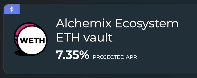 A dark digital banner displaying a WETH coin graphic with the text 'Alchemix Ecosystem ETH vault' and a '7.35% PROJECTED APR'.