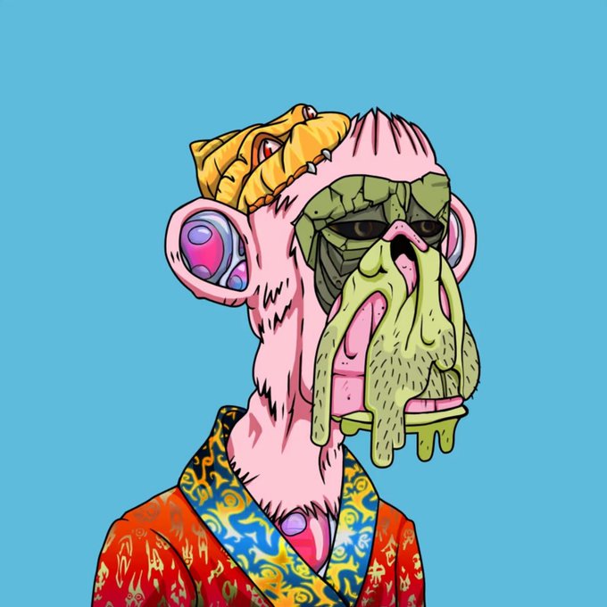 A digital illustration of a Mutant Ape Yacht Club (MAYC) NFT character with pink fur, a green melting face, a yellow crown, and a patterned robe is displayed against a blue background. The image corresponds to the post celebrating the character "tooka" joining the MAYC collection on its 5-year anniversary.